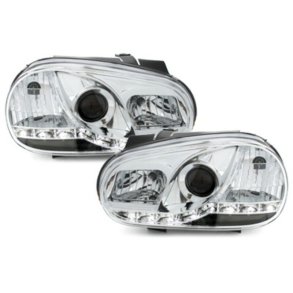 Golf IV 09.1997-2004 Dayline Forlygtest Krom<br>XENON-Optik-Linse & LED Som Positionslys (plug-and-play).