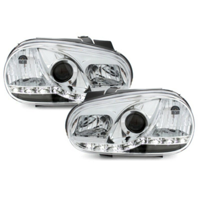 Golf IV 09.1997-2004 Dayline Forlygtest Krom<br>XENON-Optik-Linse &amp; LED Som Positionslys (plug-and-play).