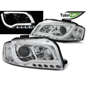 Audi A3. LED TUBE Krom Forlygter Med Blinklys H7-H1. 4.2003-7.2008