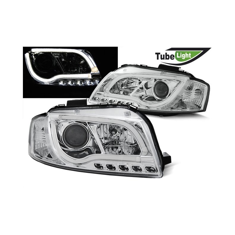 Audi A3. LED TUBE Krom Forlygter Med Blinklys H7-H1. 4.2003-7.2008