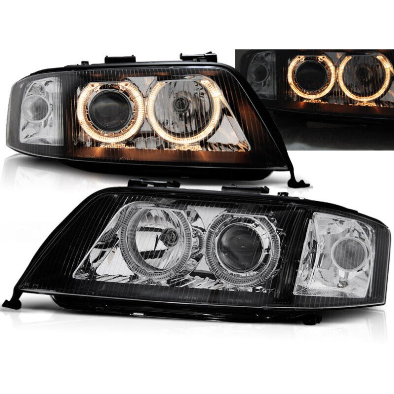 Audi A6. Angel Eyes. Forlygtest med blinklys sort H7-H7. 04.97 -07.2001