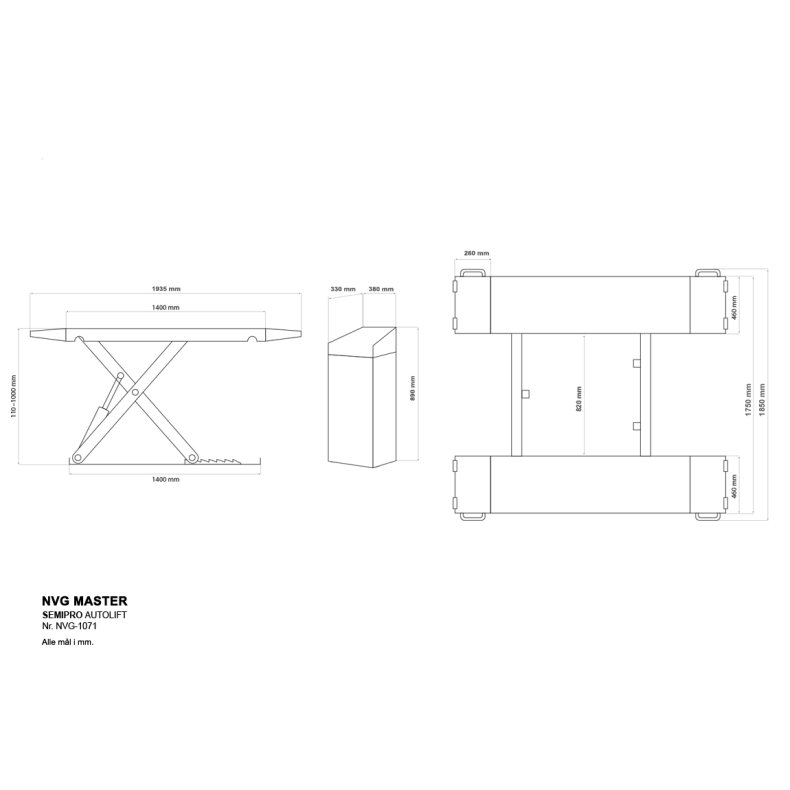 Klargringslift sakselift 3000 kg lftehjde 1000 mm 230Volt