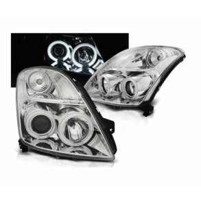 Suzuki Swift. 2005-Frem Forlygter, CCFL LED Angel Eyes krom, DE linse H1-H1.