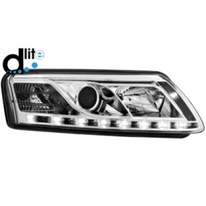 Audi A6. 07.2004 - 10.2008<br>D-LITE LED Krelys Chrom Forlygtest med blinklys H7-H1.