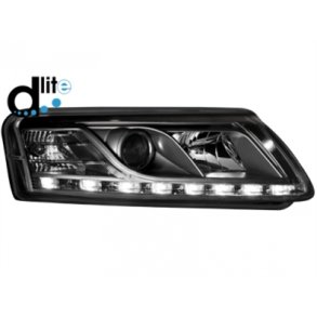 Audi A6. 07.2004 - 10.2008<br>D-LITE LED Krelys Black Forlygtest med blinklys H7-H1.