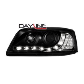 VW-T5. 07.2003-Frem<br>Dayline Sort Forlygtest med LED Sideblink H1-H1.<br>Head Lamp Dayline with LED Cornerlight.